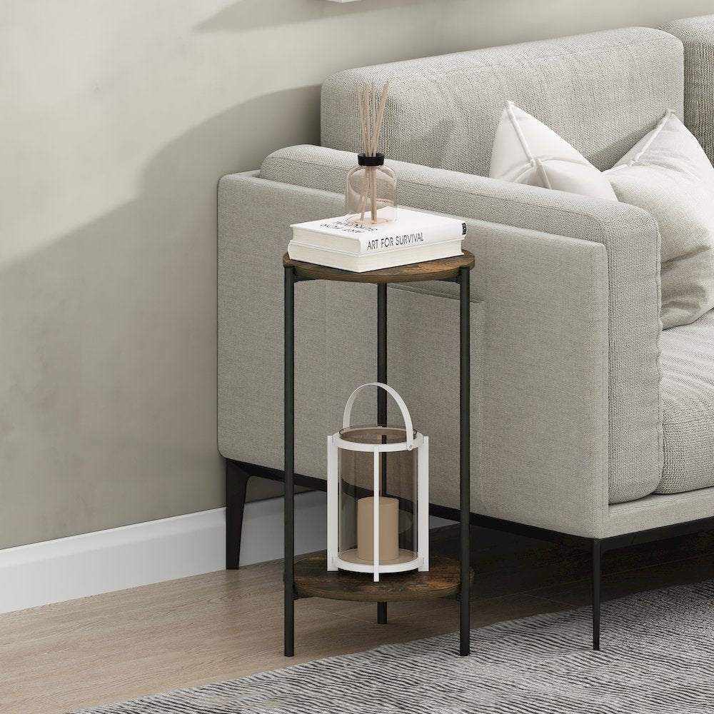 BESI Side Table, 2-Tier Tall Round Narrow End Table with Metal Legs