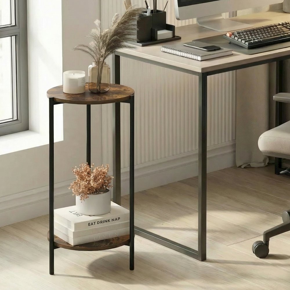 BESI Side Table, 2-Tier Tall Round Narrow End Table with Metal Legs