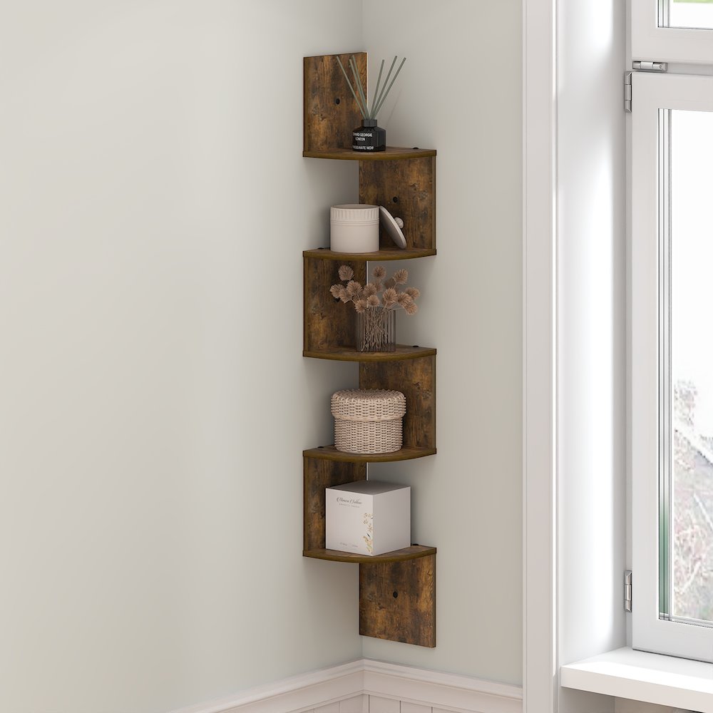ROSSI Floating Book Shelves for Wall, 5-Tier Zigzag Corner Shelf Wall Mounted