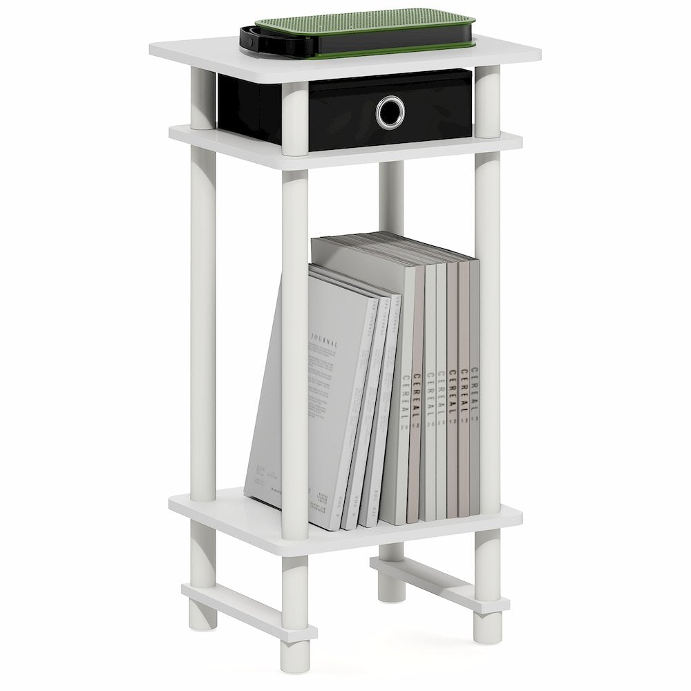 TURN-N-TUBE Side Table, 3-Tier Tall Narrow Modern End Table with Storage Bin