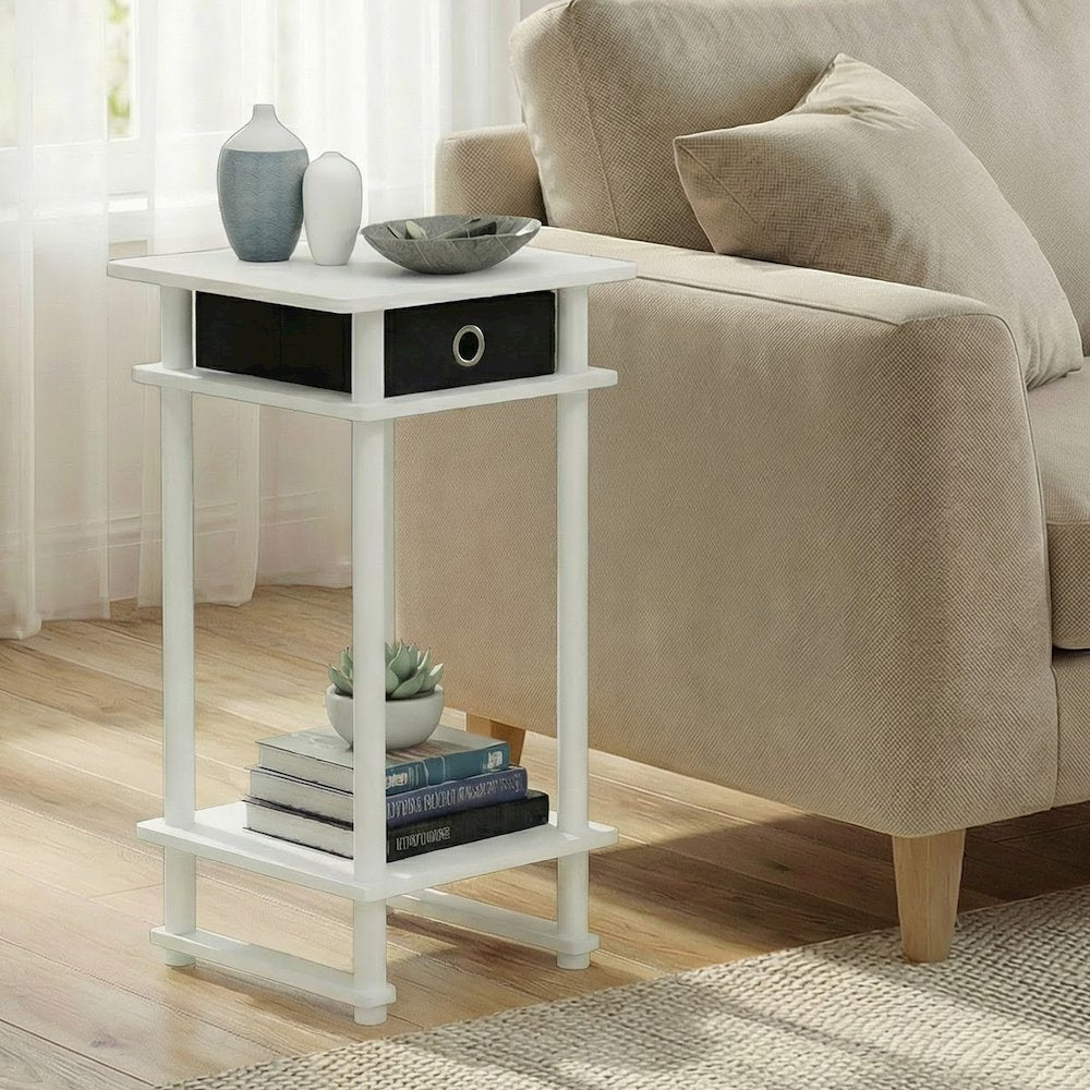 TURN-N-TUBE Side Table, 3-Tier Tall Narrow Modern End Table with Storage Bin