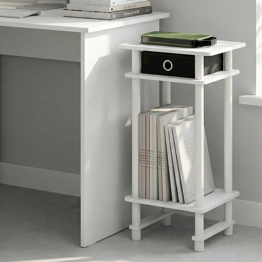TURN-N-TUBE Side Table, 3-Tier Tall Narrow Modern End Table with Storage Bin