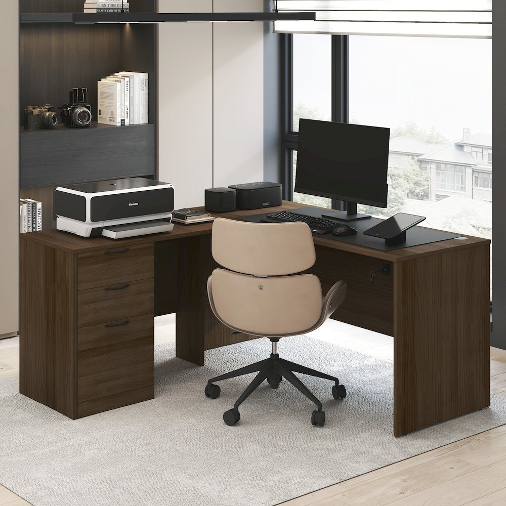 60 Inch L-Shaped Executive Desk with File Cabinet