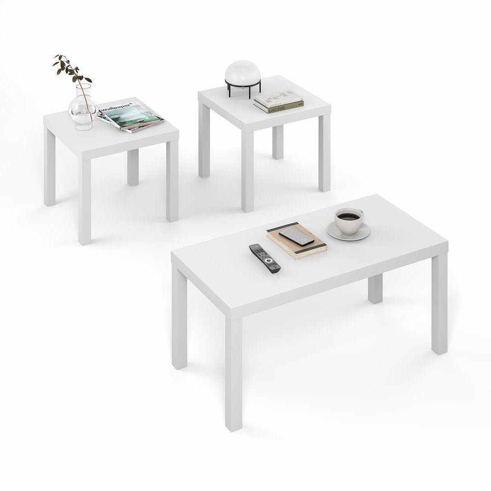 Rectangle Coffee Table with 2 Square Side Tables,  1.8 In. Thick Tabletop, White