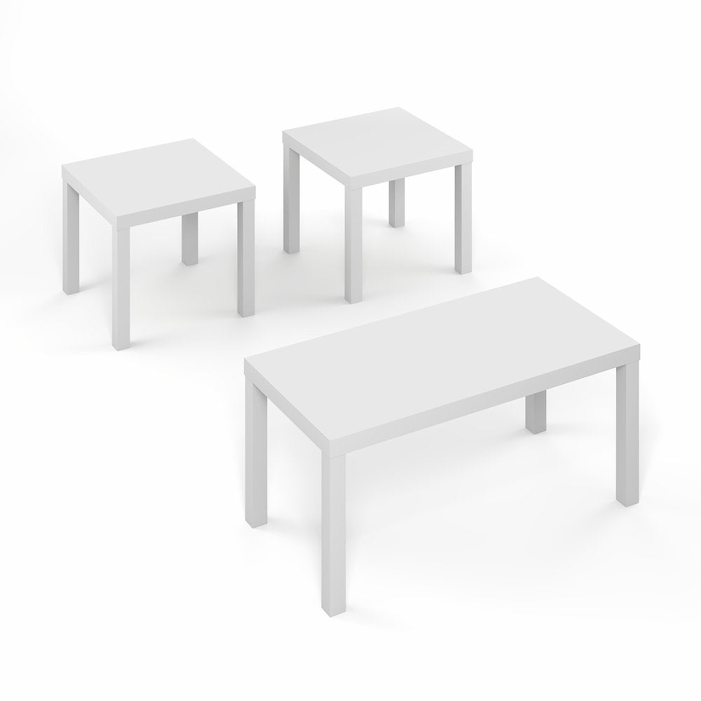 Rectangle Coffee Table with 2 Square Side Tables,  1.8 In. Thick Tabletop, White