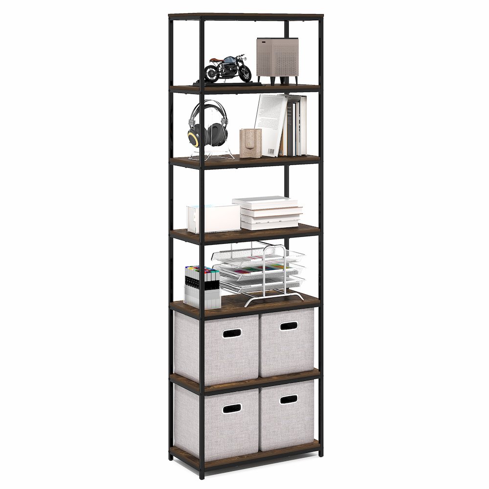 SIMPLISTIC Book Shelf, 7-Tier Bookshelf, Metal Frame Bookcases, Amber Pine