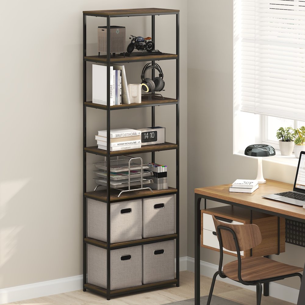 SIMPLISTIC Book Shelf, 7-Tier Bookshelf, Metal Frame Bookcases, Amber Pine