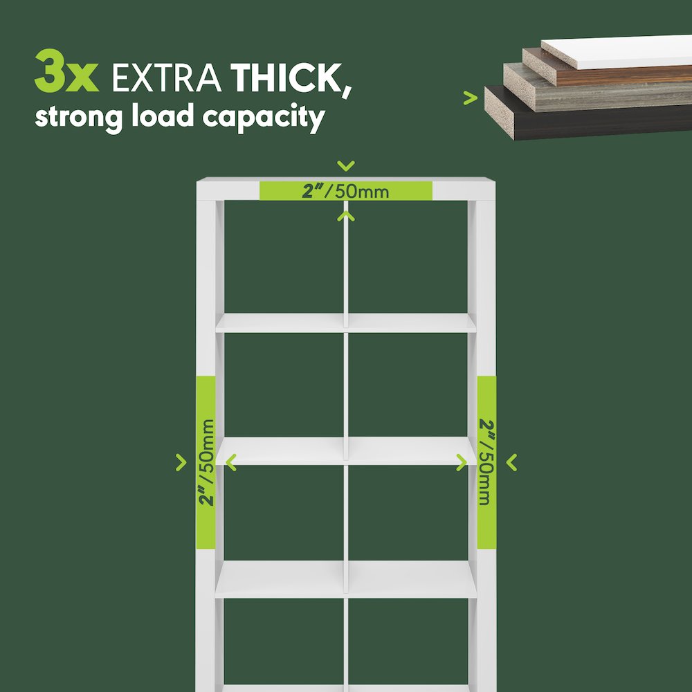CUBICLE Book Shelf, 8-Cube 2-Inch Super Thick, Reversible Bookcase, White