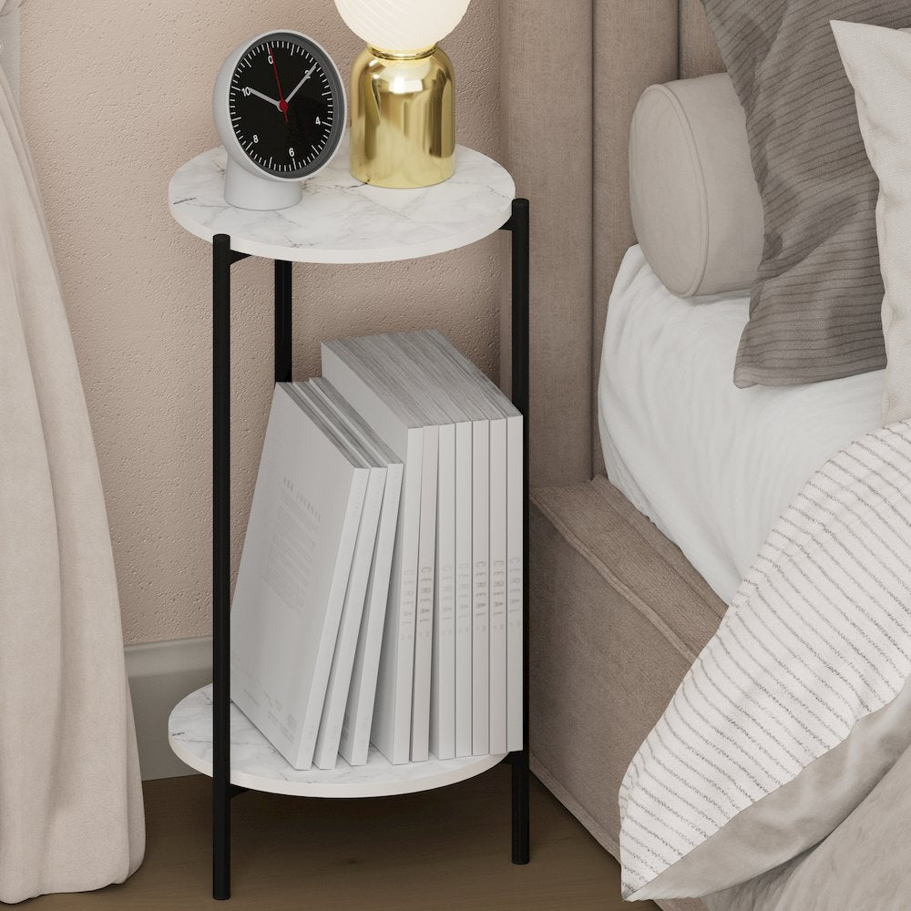 BESI Night Stand, 2-Tier Tall Round, Metal Frame Narrow End Table, Marble White