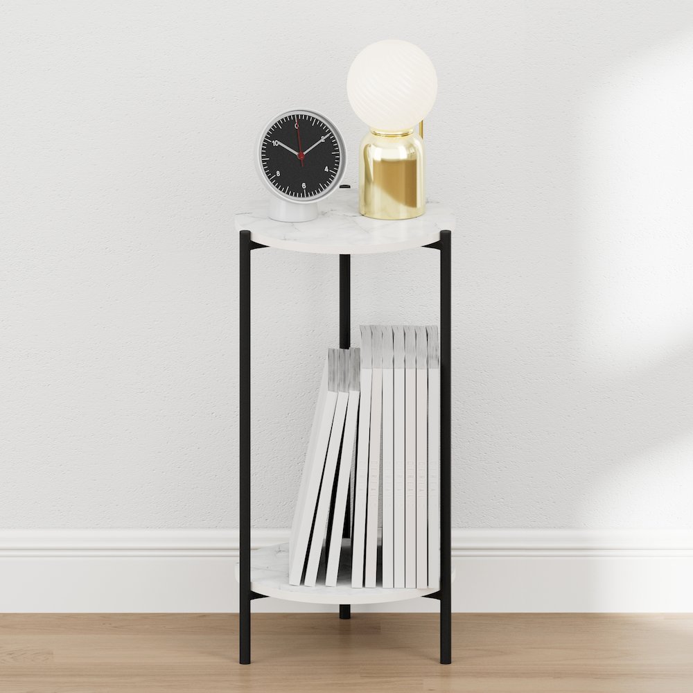 BESI Night Stand, 2-Tier Tall Round, Metal Frame Narrow End Table, Marble White
