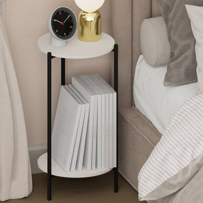 BESI Night Stand, 2-Tier Tall Round, Metal Frame Narrow End Table, White