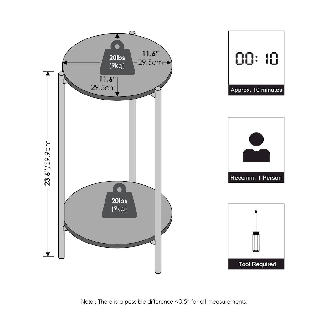 BESI Night Stand, 2-Tier Tall Round, Metal Frame Narrow End Table, White