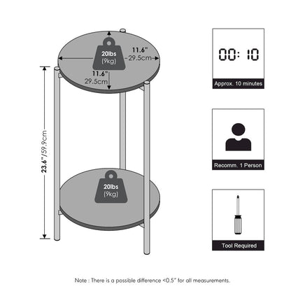 BESI Night Stand, 2-Tier Tall Round, Metal Frame Narrow End Table, White
