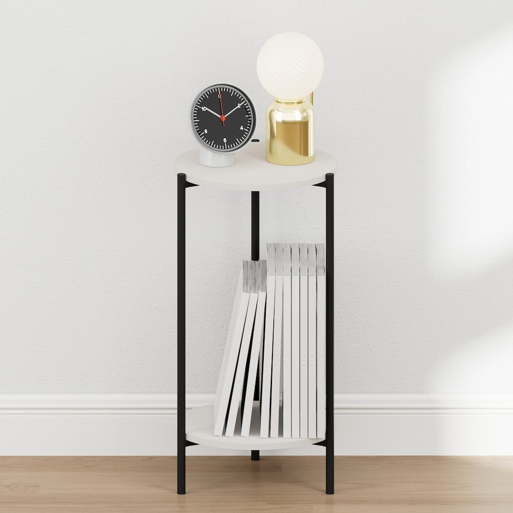 BESI Night Stand, 2-Tier Tall Round, Metal Frame Narrow End Table, White