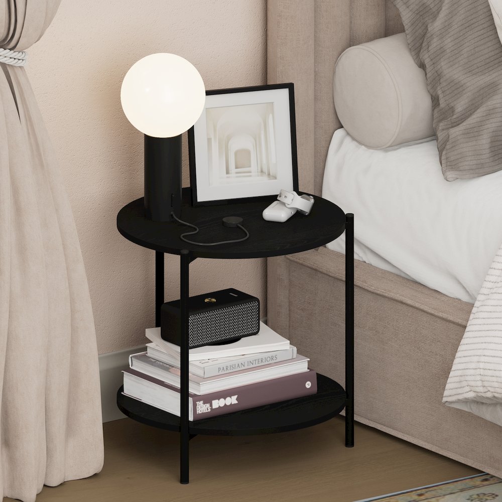 BESI Night Stand, 2-Tier Wide Round, Side Table, Americano