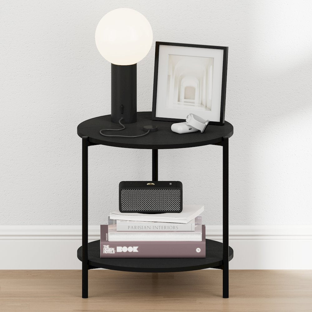 BESI Night Stand, 2-Tier Wide Round, Side Table, Americano
