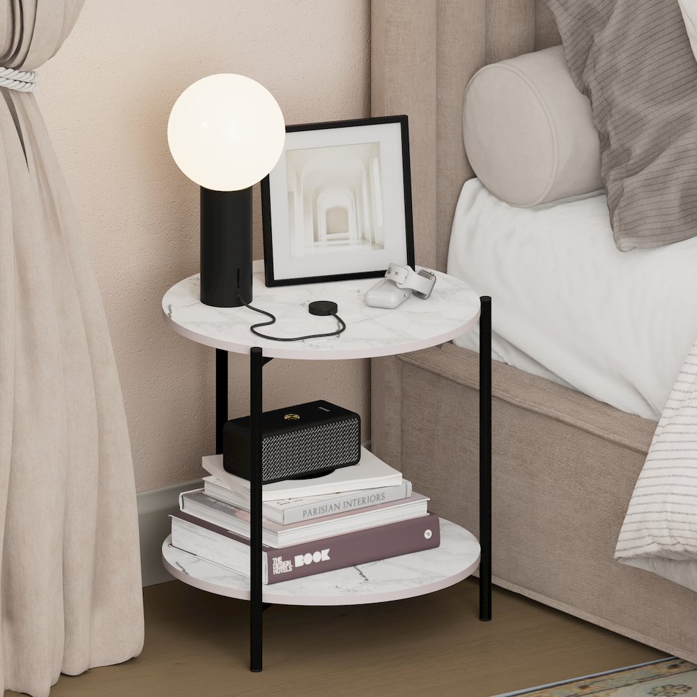 BESI Night Stand, 2-Tier Wide Round, Side Table, Marble White
