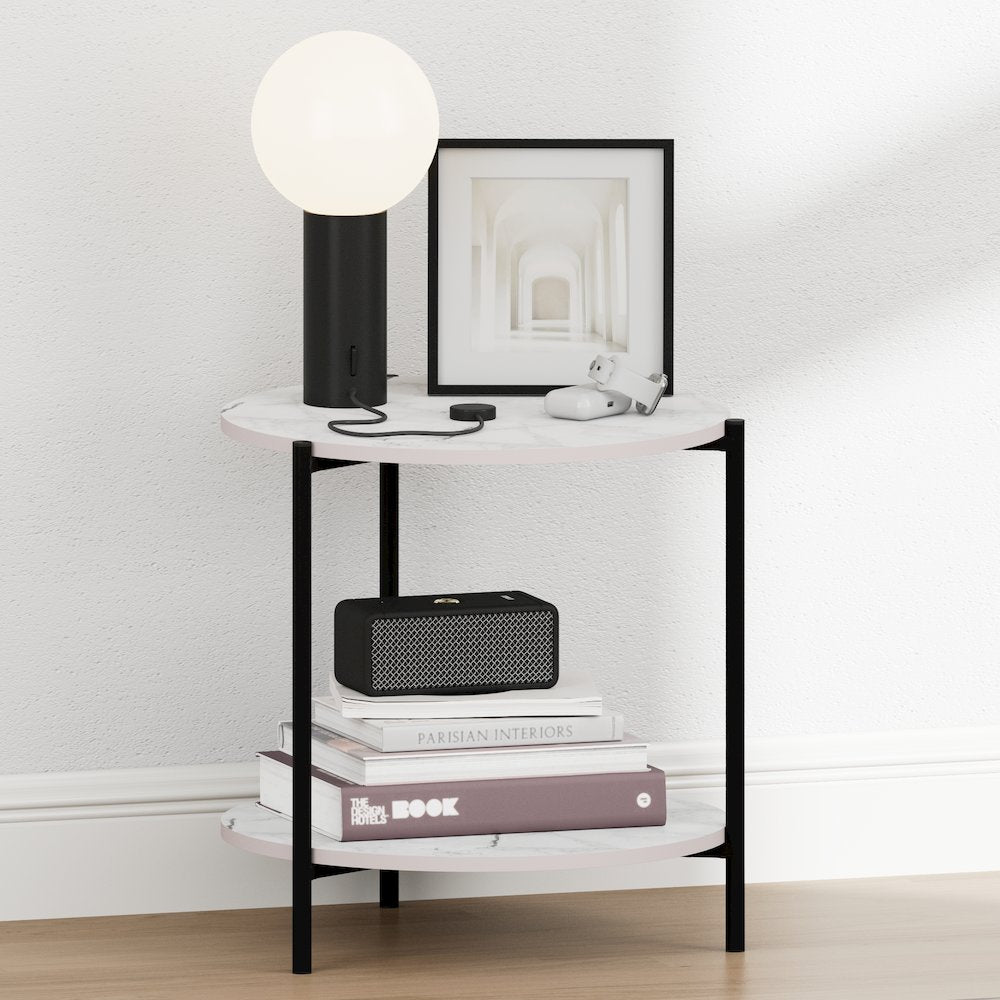 BESI Night Stand, 2-Tier Wide Round, Side Table, Marble White