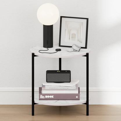 BESI Night Stand, 2-Tier Wide Round, Side Table, Marble White