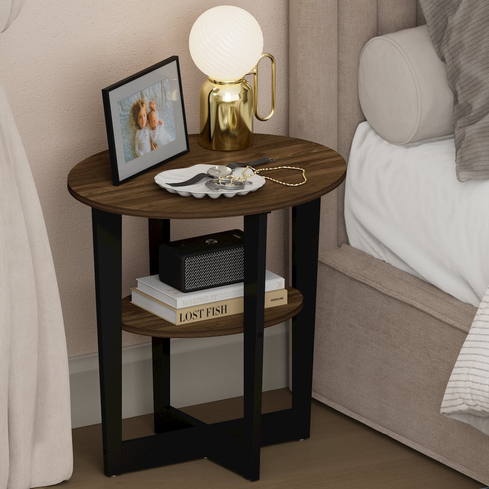 TIDUR Night Stand, 2-Tier Oval, Open Shelf Bedside Table, Columbia Walnut
