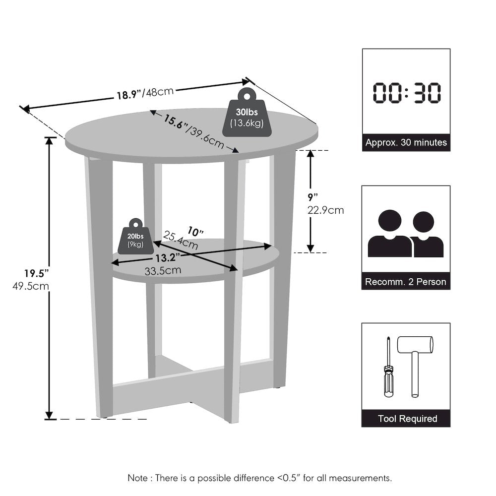 TIDUR Night Stand, 2-Tier Oval, Open Shelf Bedside Table, Columbia Walnut