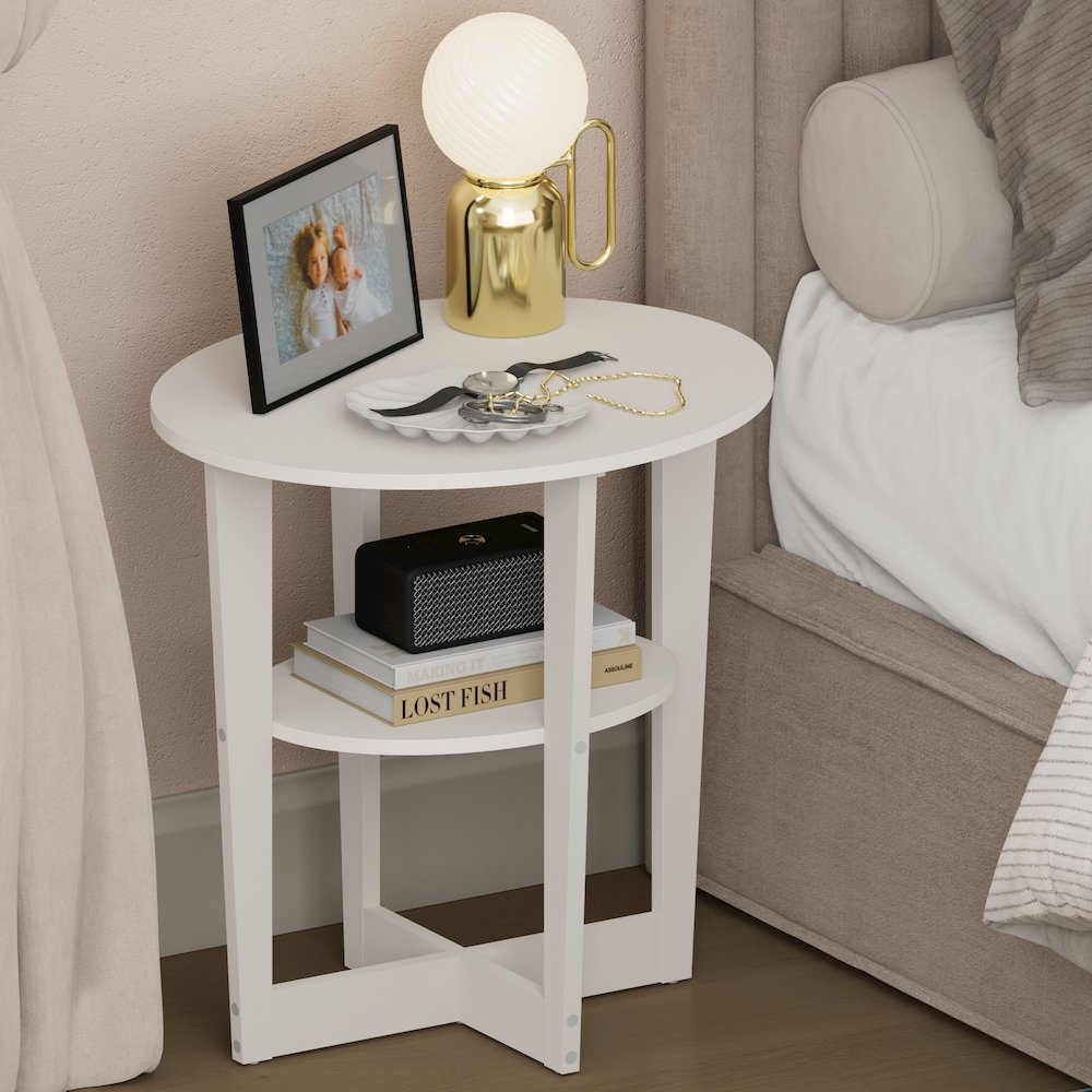 TIDUR Night Stand, 2-Tier Oval, Open Shelf Bedside Table, White
