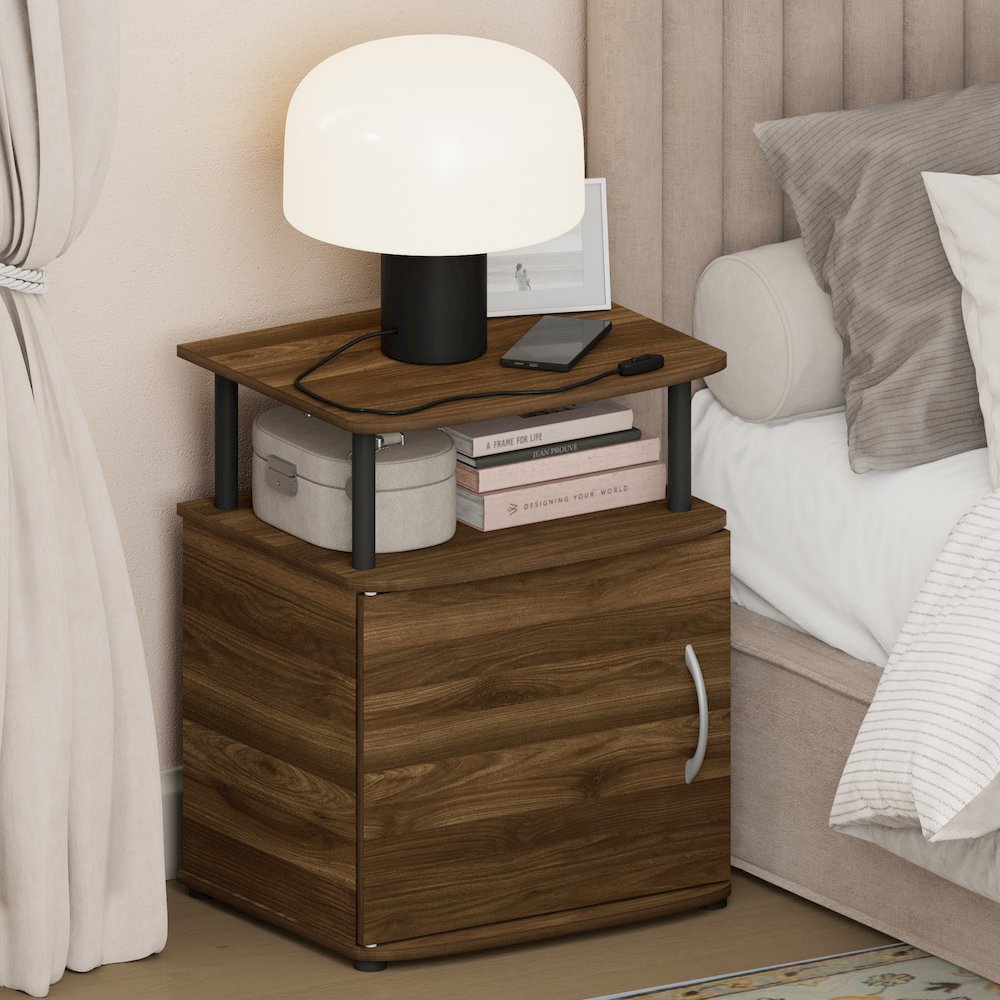 JAYA Night Stand with Door, Nightstand, Round Corner Bedside Table, Amber Pine