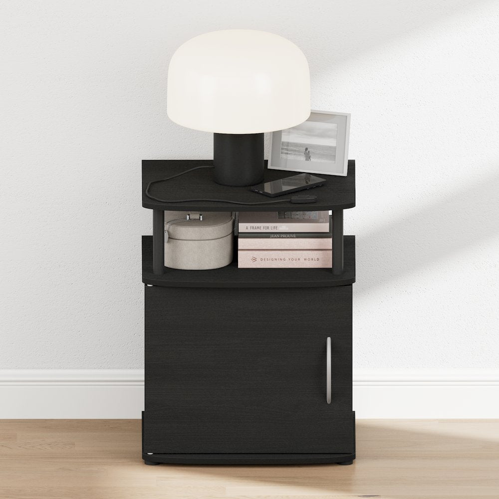 JAYA Night Stand with Door, Nightstand, Round Corner Bedside Table, Black