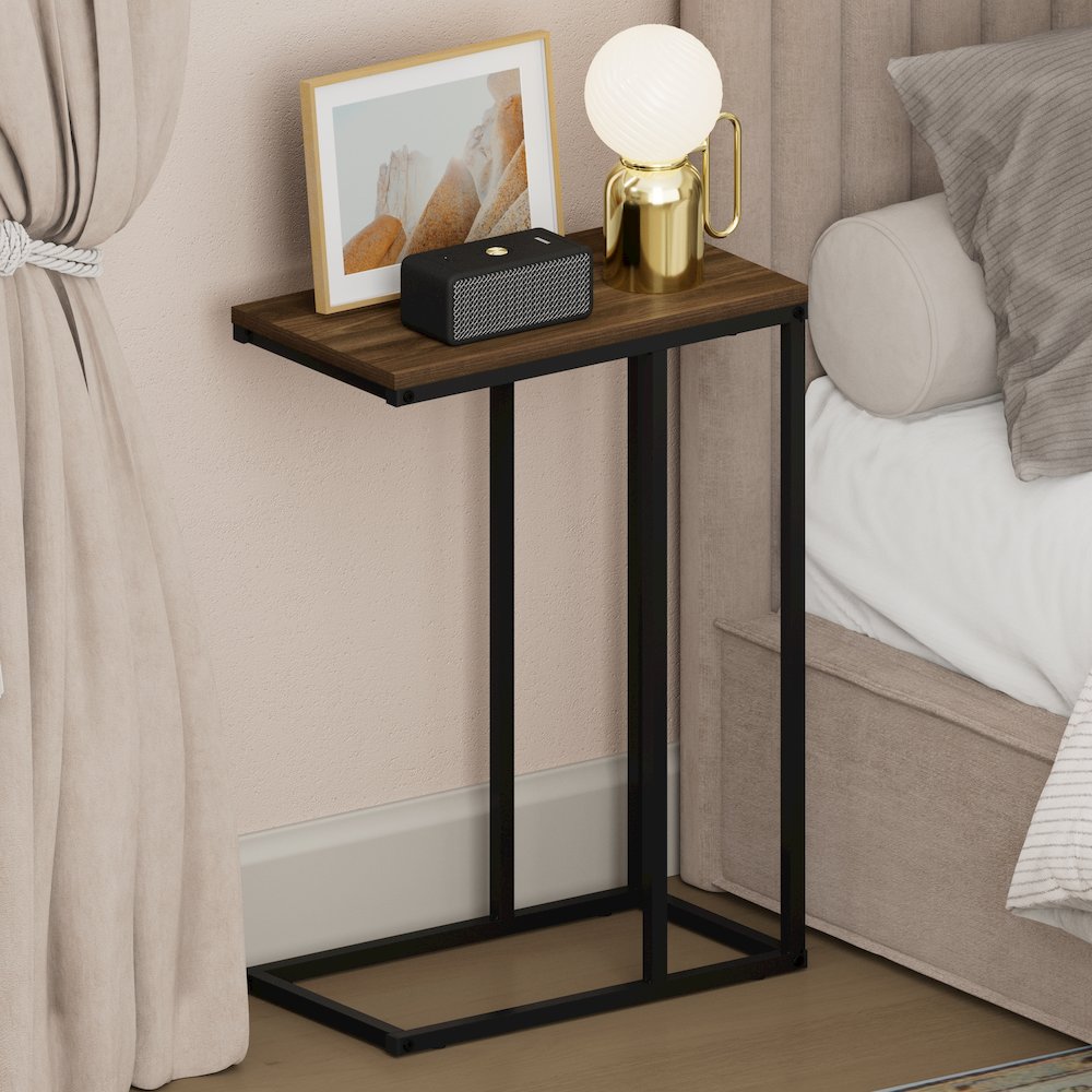 CAMNUS Night Stand, C-shape Nightstand, Metal Frame Side Table, Columbia Walnut