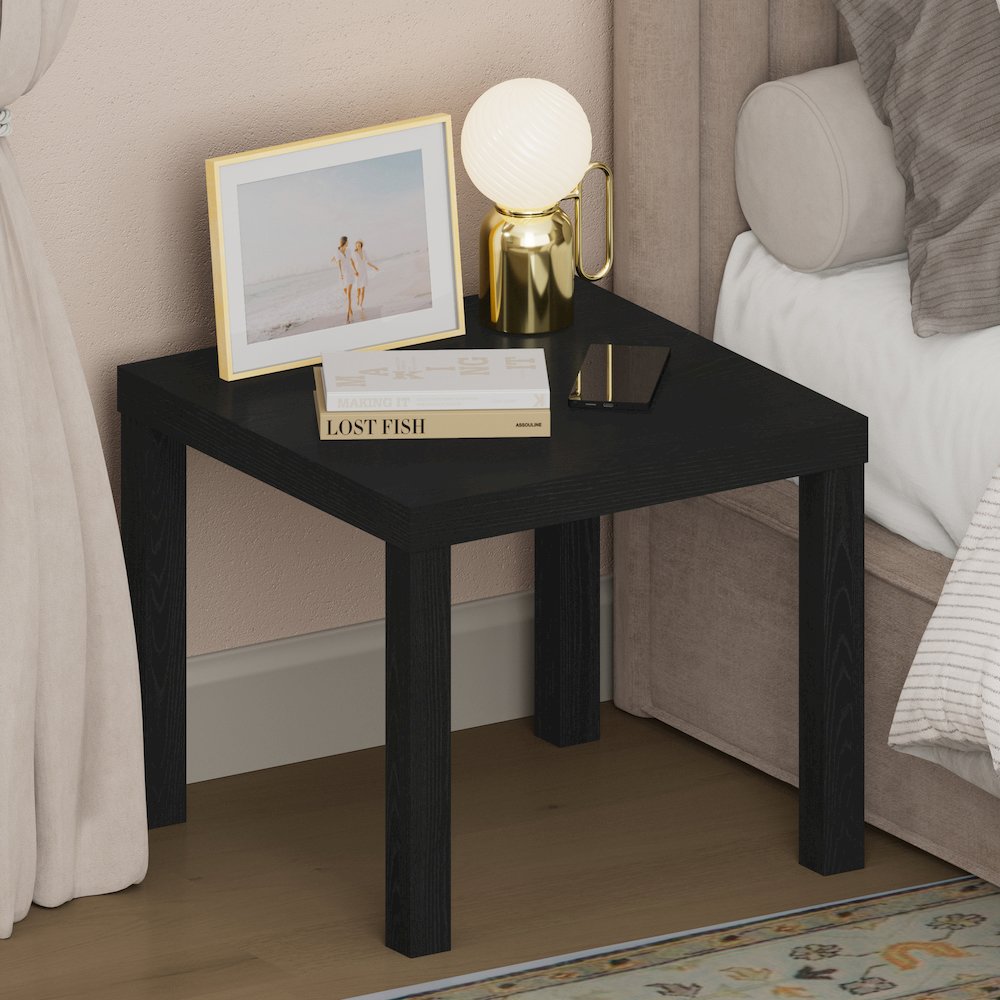CLASSIC Night Stand, Square Nightstand, Thick Frame 4-leg Side Table, Black