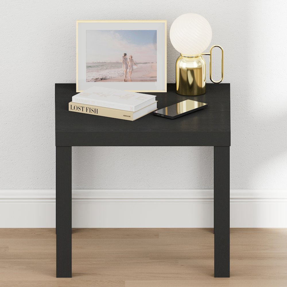 CLASSIC Night Stand, Square Nightstand, Thick Frame 4-leg Side Table, Black