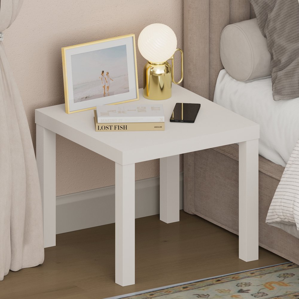 CLASSIC Night Stand, Square Nightstand, Thick Frame 4-leg Side Table, White