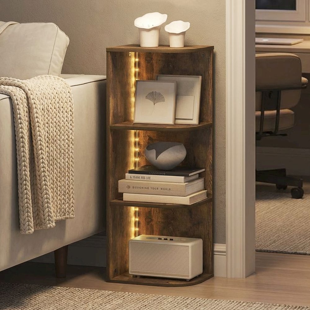 PASIR Book Shelf with LED Lights, 3-Tier Corner LED Bookshelf, Amber Pine
