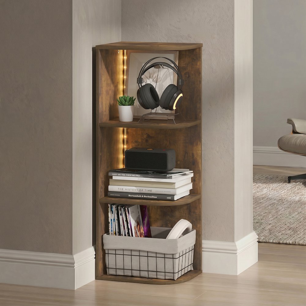 PASIR Book Shelf with LED Lights, 3-Tier Corner LED Bookshelf, Amber Pine