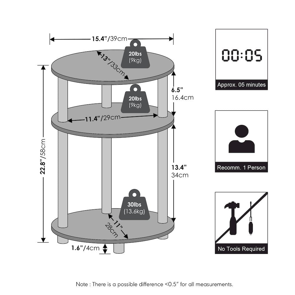 TURN-N-TUBE 3-Tier Oval Night Stand, Modern Compact Side Table, Espresso