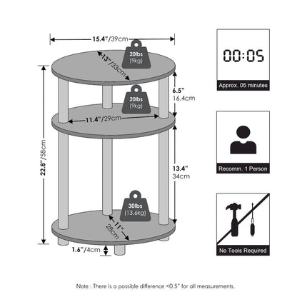 TURN-N-TUBE 3-Tier Oval Night Stand, Modern Compact Side Table, Espresso