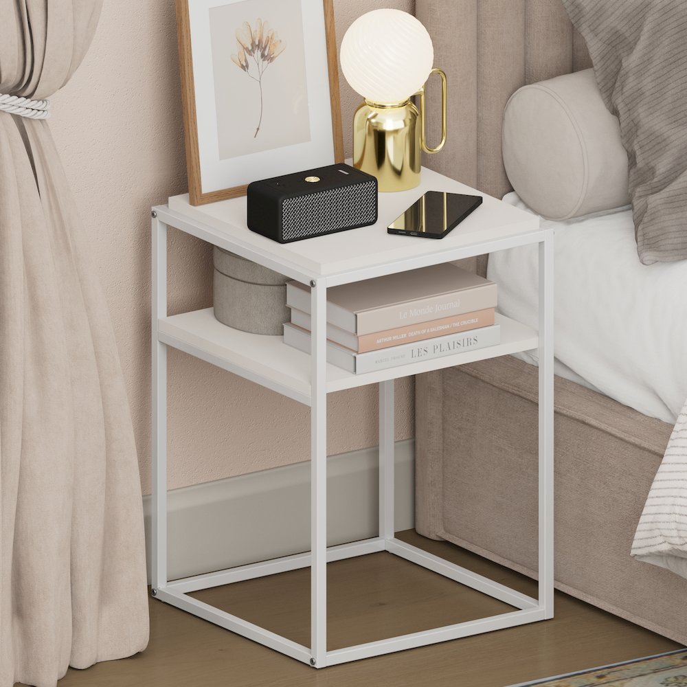 MORETTI Night Stand, 2-Tier with Open Shelf, Solid White