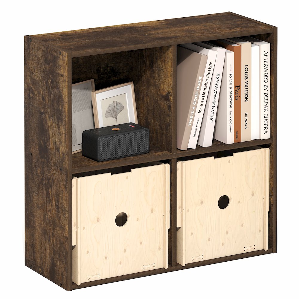 LUDER Book Shelf, 4-Cube Bookshelf, Bookcase with Open Shelves, Amber Pine