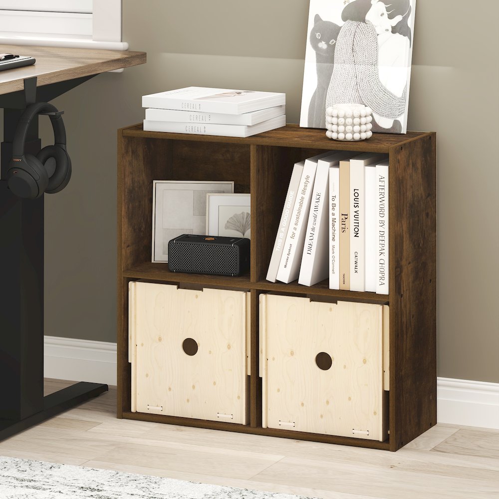 LUDER Book Shelf, 4-Cube Bookshelf, Bookcase with Open Shelves, Amber Pine