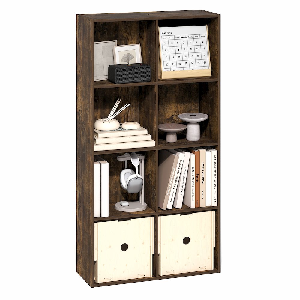 LUDER Book Shelf, 8-Cube Bookshelf, Bookcase with Open Shelves, Amber Pine