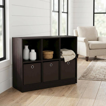 Engineered Wood 3x2 Bookcase with Bins for Organized Storage in Walnut Finish