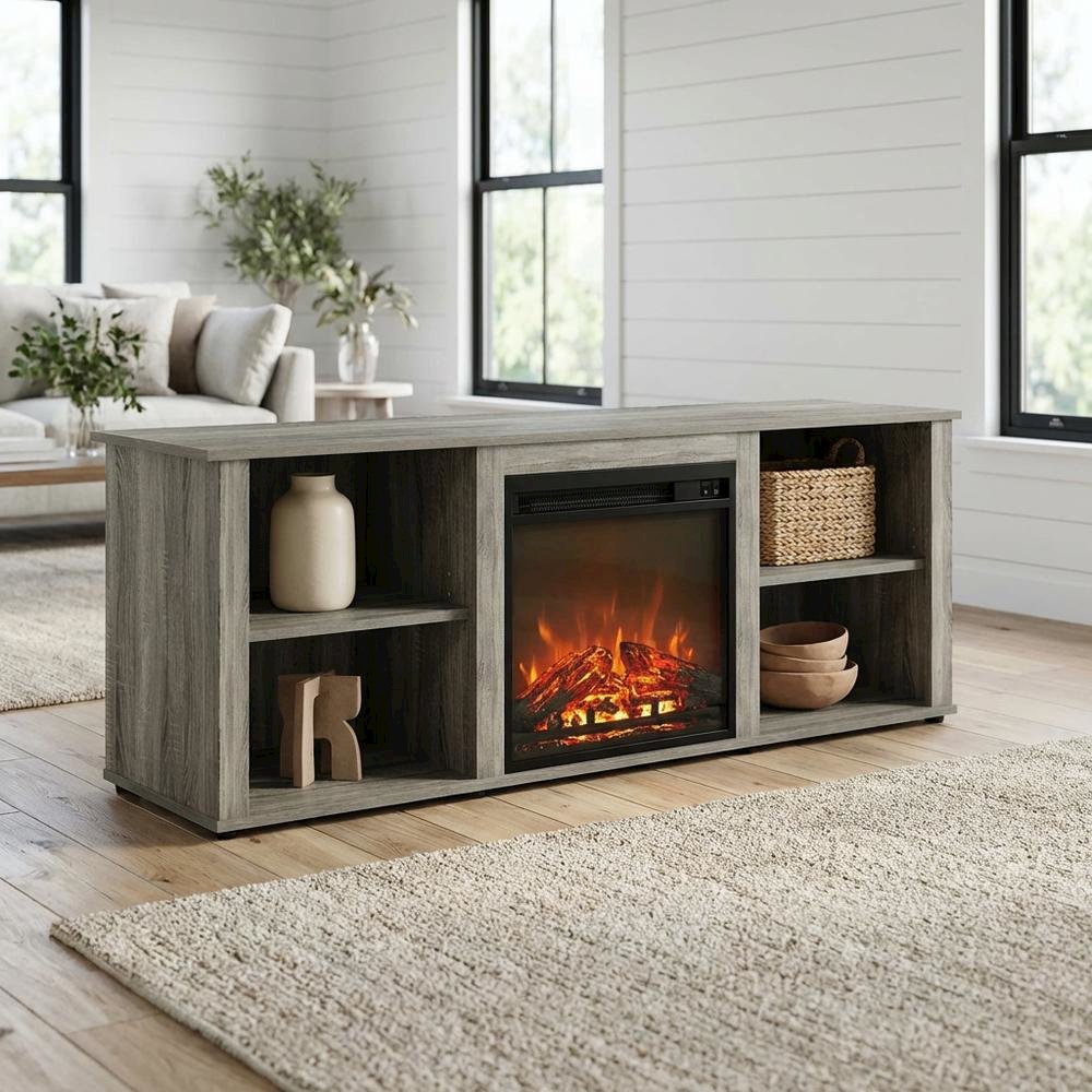 Engineered Wood TV Stand with Fireplace and French Oak Grey Finish