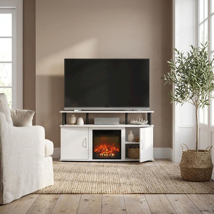 Brown Fireplace Entertainment Center, Doors, Storage Cabinet, 55-Inch TVs