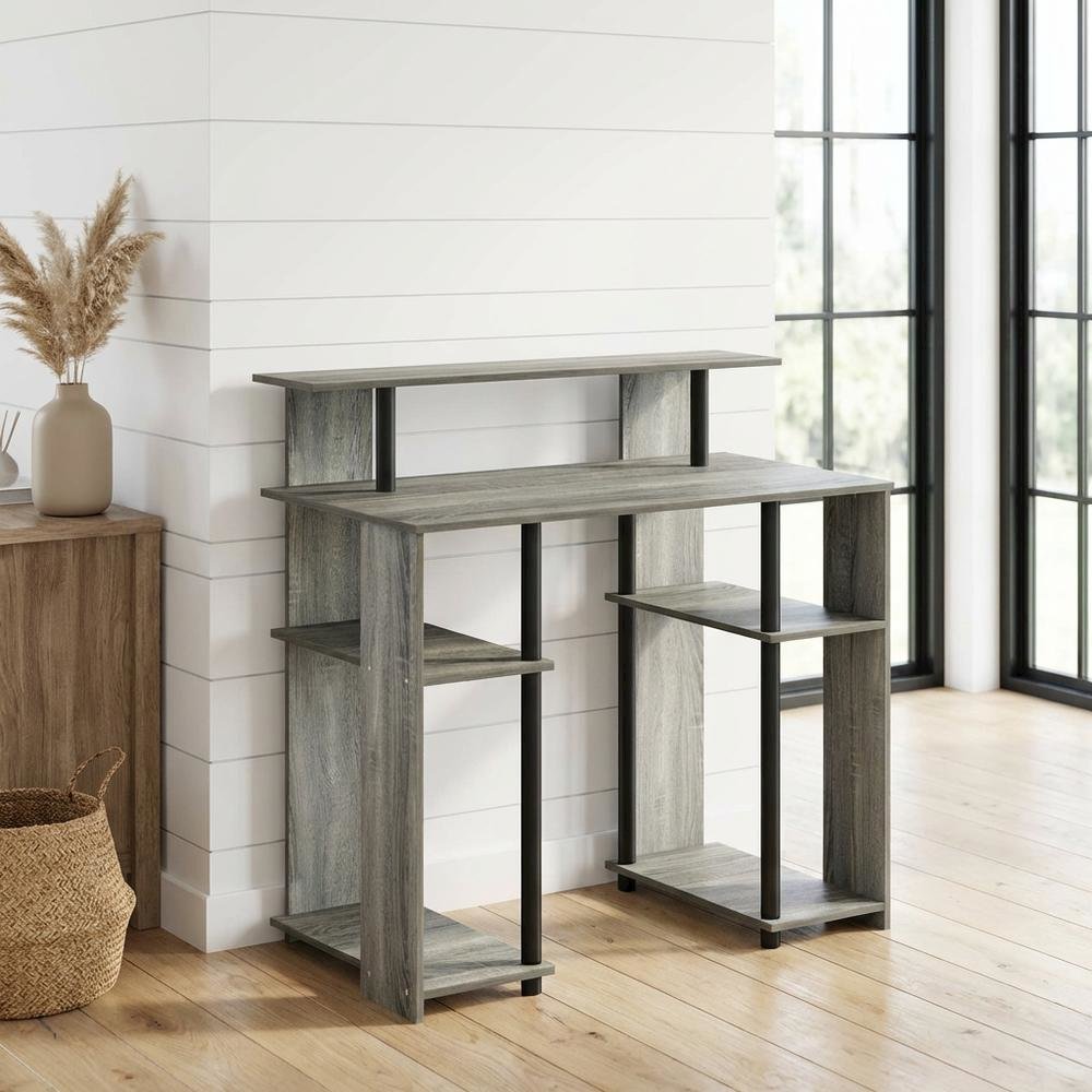 French Oak Grey/Black Computer Writing Desk with Modern Design, Sturdy