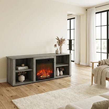 Engineered Wood TV Stand with Fireplace and French Oak Grey Finish