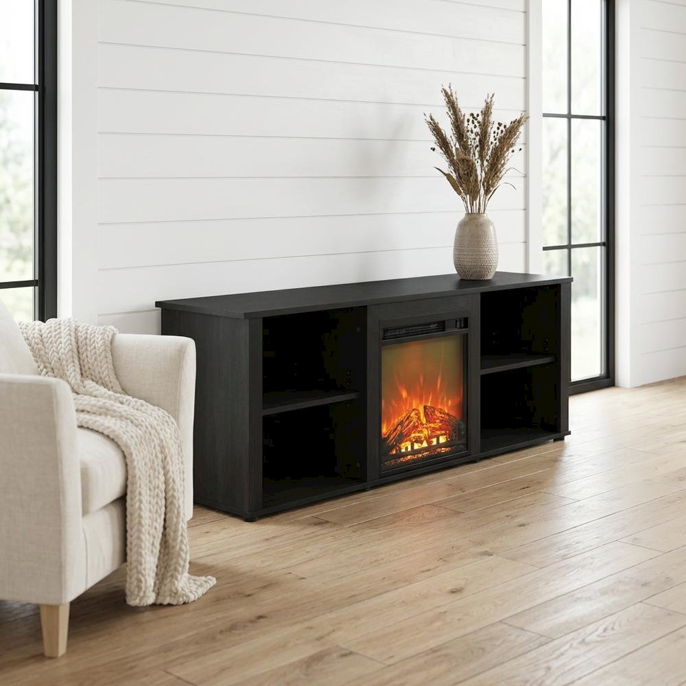 Engineered Wood TV Stand with Fireplace, Americano Finish, 70-Inch Wide
