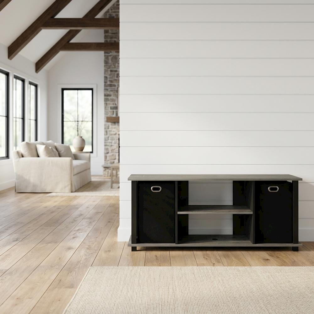 Engineered Wood Entertainment Center with Storage Bins in French Oak