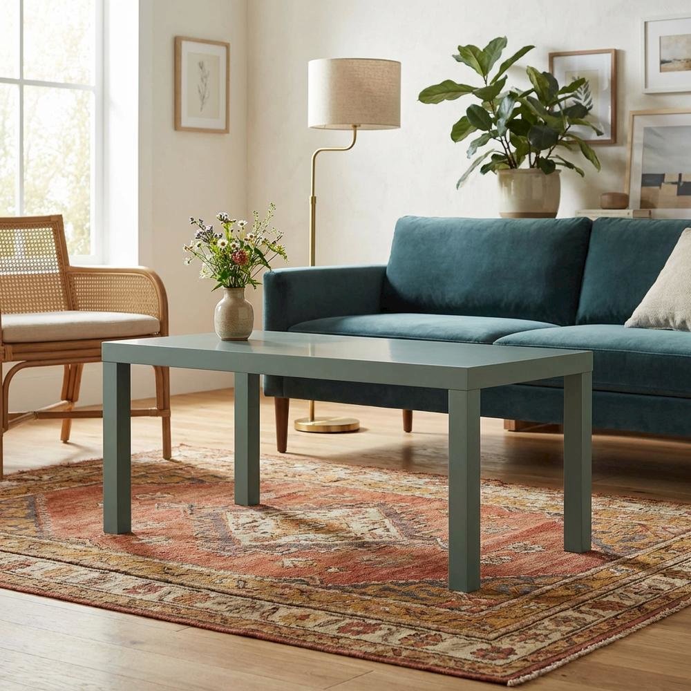 Rectangular Sage Green Coffee Table with Thick Tabletop, Modern Style
