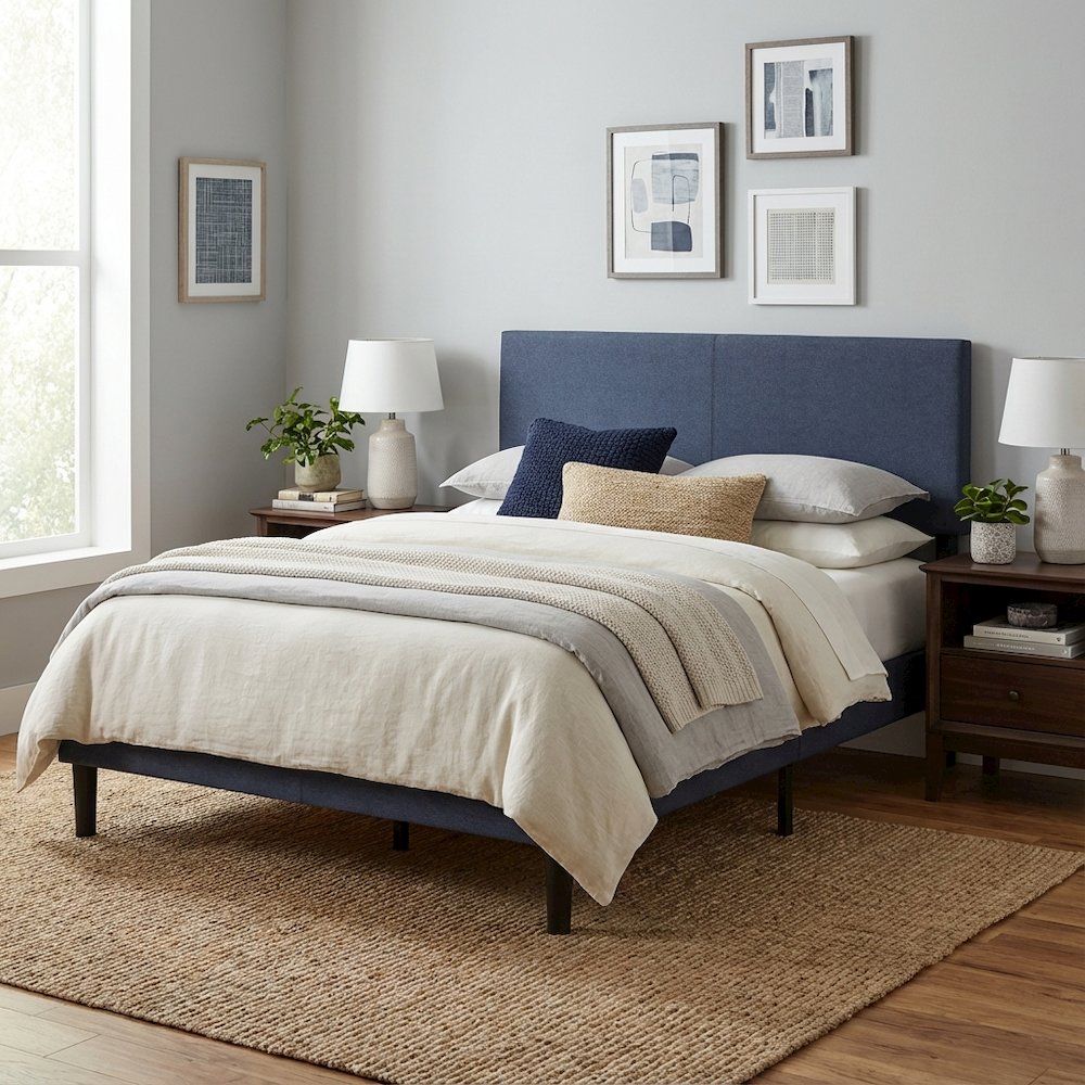 Blue Denim Upholstered King Headboard with Tufted Design for Bedroom