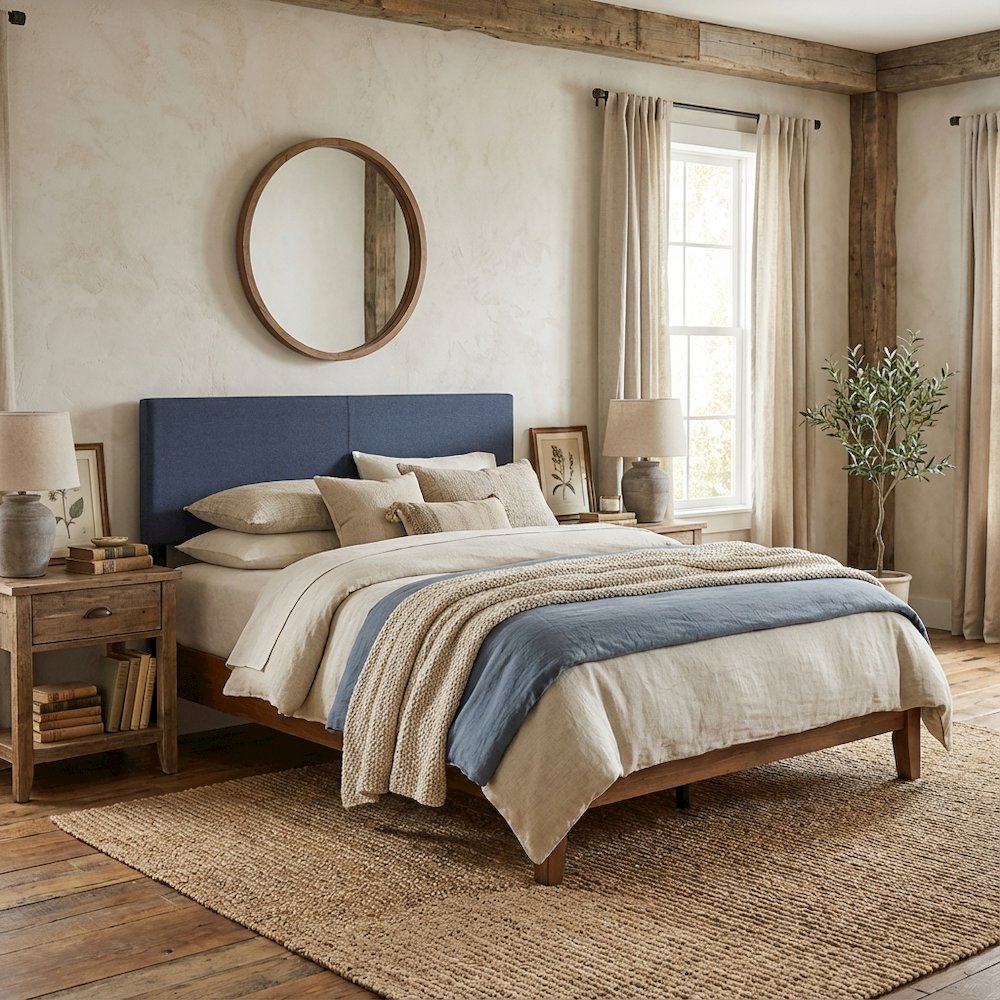 Blue Denim Upholstered King Headboard with Tufted Design for Bedroom